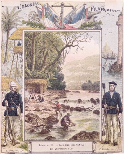 Zlatokopové ve Francouzské Guyaně, obálka školního sešitu, kolem roku 1880 od French School