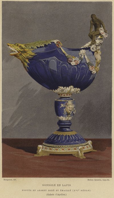Pohár lapis lazuli ve tvaru gondoly upevněný ve zlaceném a smaltovaném stříbře, 16. století od French School
