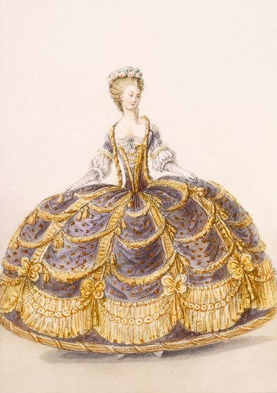 Šaty vhodné pro prezentaci u soudu, deska z Galeries des Modes et Costumes Francais, c.1778-87 99:oděvy; tradiční oděv; tradiční kroj; móda; ilustrace; od French School