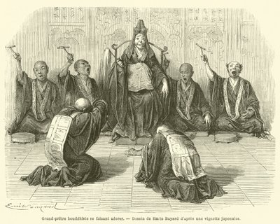Buddhistický velekněz je uctíván (rytina) od French School