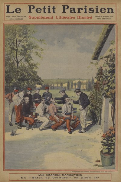 Velké manévry francouzské armády: holičství pod širým nebem (barevné lito) od French School