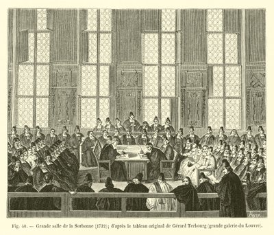 Velký sál Sorbonny, 1732; podle původního obrazu Gerarda Terbourga, velká galerie v Louvru od French School