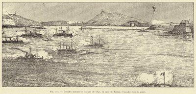 Velké námořní manévry z roku 1891 v přístavu Toulon; eskadra si vynucuje průsmyk (rytina) od French School