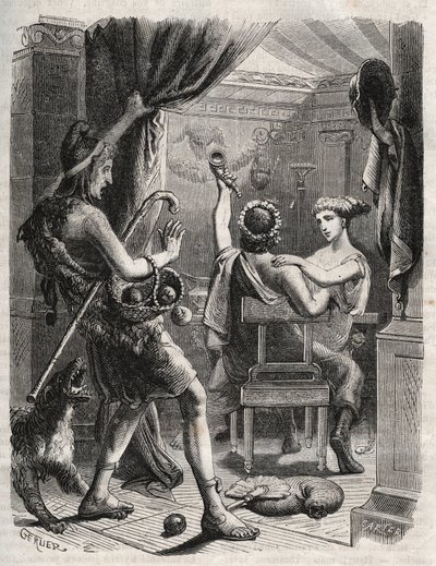 Řecká mytologie: „Tento výkřik vyvolala Paříž““. Paris překvapí Helene Peritanem. Rytina z roku 1871 v „Histoire Des Cocuses Celebres““ od Henryho de Kocka (1819-1892). od French School