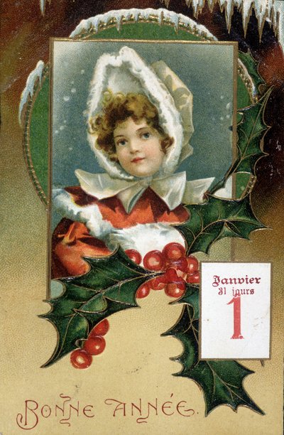 Přání: "" Šťastný nový rok"" (dívka s cesmínou) - pohlednice, n. d., začátek 20. století od French School
