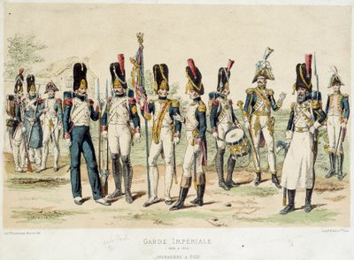 Granátníci noha císařské gardy Napoleona I. (mezi lety 1804 a 1814). 19. století rytina. Paříž, dekorativní umění od French School