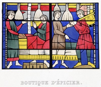 Potraviny. Faksimile vitráže ze středověku v „Histoire de la peinture sur verre““ od Ferdinanda de Lasteyrie od French School
