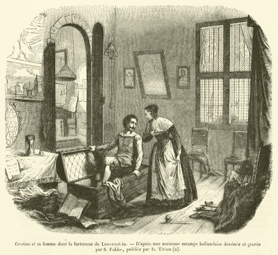 Grotius a jeho manželka v pevnosti Louvenstein (rytina) od French School