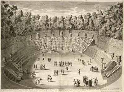 Háj Salle du Bal, Versailles, z Les Plans, Profiles et Elevations des Ville et Chateau de Versailles, rytý Lucas, publikováno kolem roku 1715 od French School