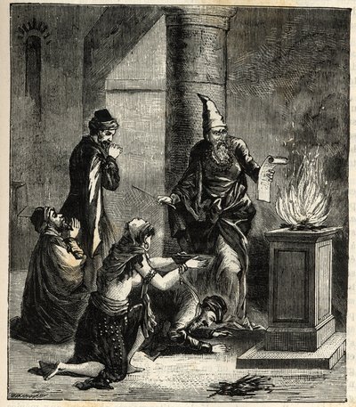 Guebres (nebo Zoroastrian) - Uctívači ohně - - Rytina v “Sciences à la potee de tous - fyzika et chimie populaire” Alexis Clerc. Konec 19. století. Soukromá sbírka. od French School