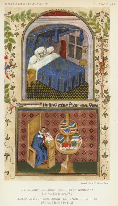 Guillaume De Lorris Spící a přemýšlející, Jean De Meun pokračování Roman De La Rose (barevné lito) od French School