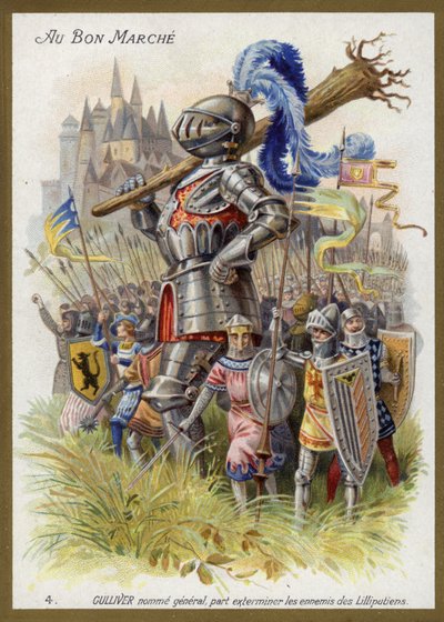 Gulliver, jmenovaný generálem, se vydává vyhladit nepřátele liliputů (chromolitho) od French School