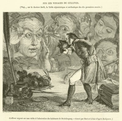 Gulliver vystavený na stole k obdivu obyvatel Brobdingnagu (rytina) od French School
