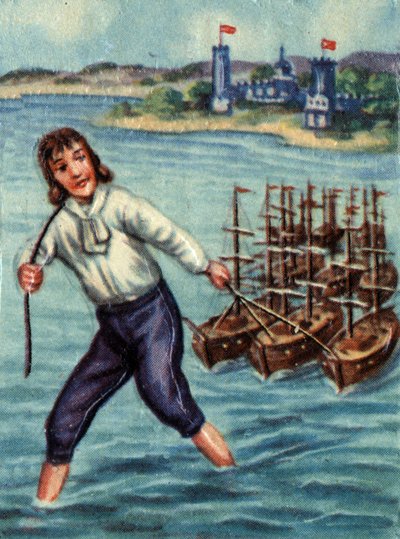 Gulliver střílí nepřátelské lodě směrem k Lilliput Harbour. Ilustrace k příběhu „“ Gulliver