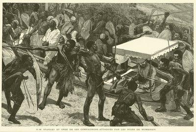 H-M Stanley a jedenáct jeho společníků napadeno The Blacks Of Bumbireh (rytina) od French School