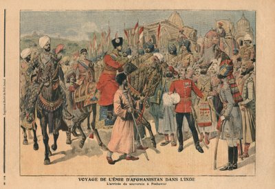 Habibullah Kahn (1872-1919) emír Afghánistánu přijíždějící do Péšávaru, Indie, ilustrace z 