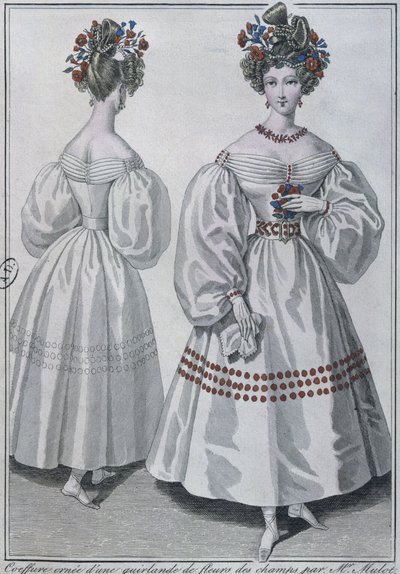 Účes s girlandou z divokých květin, Paříž, 1829 (barevná rytina) od French School