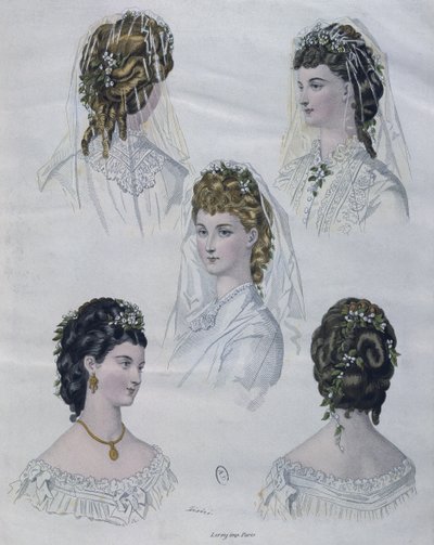 Účesy, ilustrace z La Mode illustree, 1872 (barevná rytina) od French School