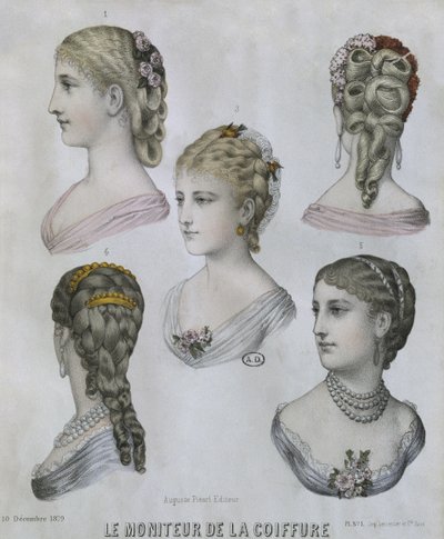 Účesy, ilustrace z Le Moniteur de la Coiffure, 10. prosince 1879 (barevná rytina) od French School