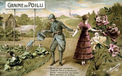 Chlupaté semínko: V této krásné podlaze Zatímco chodíme, tady máš! jak my milí budeme mít dítě - Pohlednice při narození, v. 1914 od French School