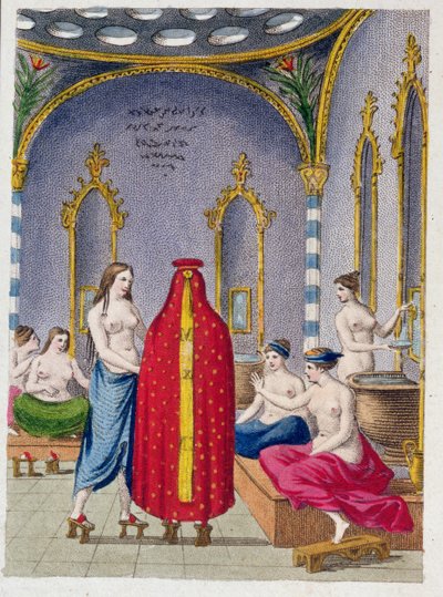 Hammam v Turecku, ilustrovaná deska z Moeurs, použití a kostýmy osmanské od A. Castellana, Paříž, kolem roku 1810 od French School