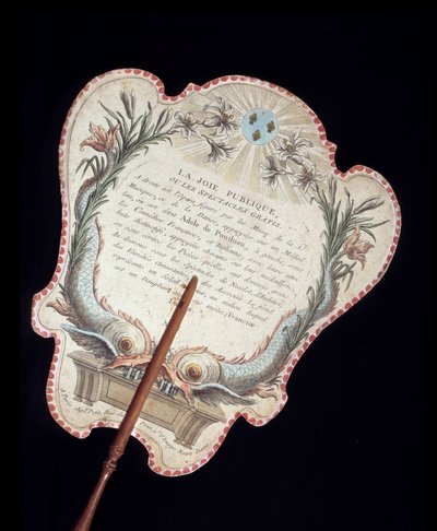 Ruční obrazovka. Zadní. Barevná rytina na kartonu, která chránila obličej před žárem ohně. Francie 18. století. Paříž, Musee Carnavalet od French School