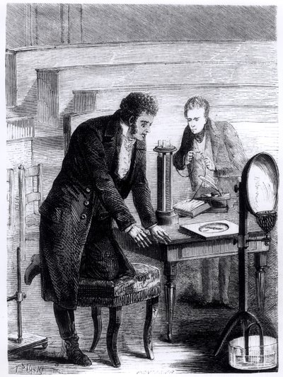 Hans Christian Oersted (1777-1851) objevil v roce 1820 odchylku magnetické střelky uzavřeným proudem z Les Merveilles de la Science od Louise Figuiera (1819-94), 1867 od French School
