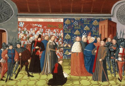 Harl.4380 f.184v Richard II předává korunu hraběti z Derby, z Froissart