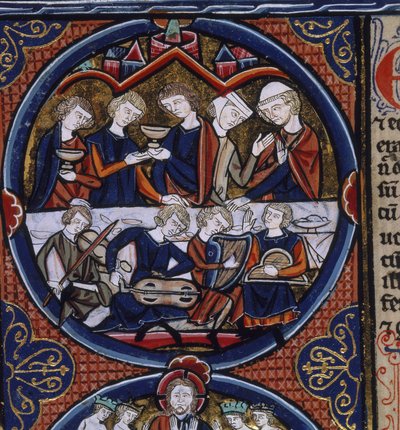Harley 1527 fol. 36v Banket s hudebníky, z 