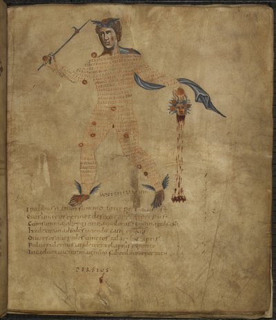 Harley 647, f.4 Ilustrace Persea, hrdiny řecké mytologie, s hlavou medúzy s hadími vlasy, s textem nebo scholií v postavě souhvězdí, z 