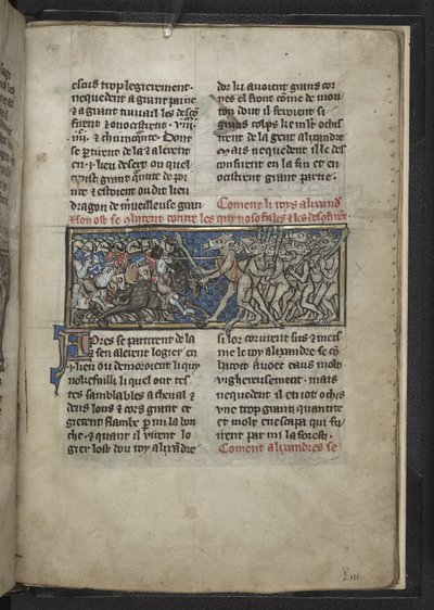 Harley MS 4979 f.72r Alexander bojující muži s koňskými hlavami, od 