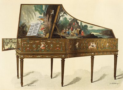 Cembalo zdobené groteskami, ilustrace ze Slovníku nábytku a dekorací, Henry Havard, svazek I od French School
