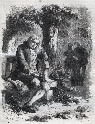 Slyšel šepot polibku." Švýcarský filozof Jean Jacques (Jean-Jacques) Rousseau (1712-1778) překvapí svou družku Marii-Therese (Marie Therese) Le Vasseur (Levasseur) (1721-1801) v úplném cizoložství. Rytina z roku 1871 v „Histoire Des Cocuses od French School