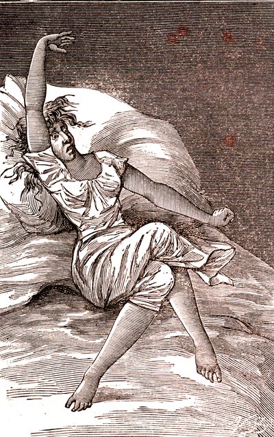 Bolesti hlavy, melankolie a hysterie, úzkost. 1887 (rytina) od French School