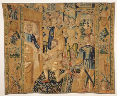 Henri III. (1551-89) de Valois předal odznaky moci Jindřichu III. (1553-1610) de Bourbon od French School