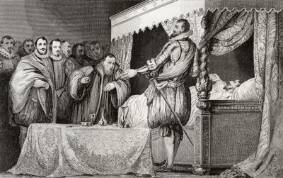 Henri III (1551-89) jmenuje Bearnaise (1553-1610) jako svého nástupce, z „Histoire de France“ od Colarta, vydaného kolem roku 1840 od French School