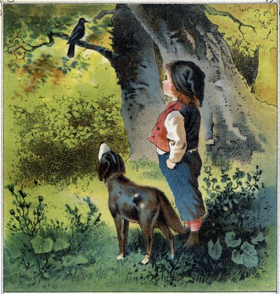 Henri pozoruje kosa na větvi v lese a vrací se ke svému životu, kdyby byl ptákem. Chromolitografie z "" Childhood Scenes"" ed. Guerin - Muller kolem roku 1885. od French School