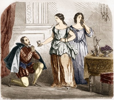Jindřich IV. (1553-1610), král Francie, kterému sloužily polonahé ženy. Rytina do „Historie prostituce a zhýralosti mezi všemi národy světa od starověku po současnost“ od Dr. Th. -F. Debray. 1879. od French School