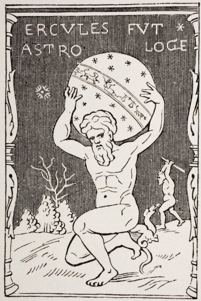 Herkules drží svět na zádech, zatímco Atlas sbírá jablka Hesperidek, z „Les Arts au Moyen Age“, vydané v roce 1873 od French School
