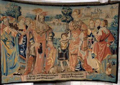Herkules Libyjský s manželkou Galathee a synem Galatheem obklopeni svými dvořany před městem Alexia v roce 1713 př. Kr. Tapiserie „Báječná historie Gaules““ z dílny Arras. 1530 Beauvais, resortní muzeum tl od French School