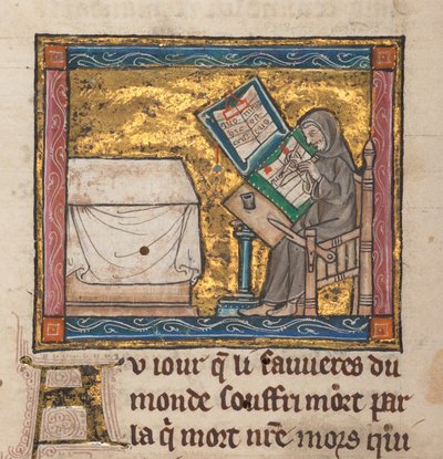 Erakko kirjoituspöydän ääressä, pienoismalli "Estoire del Saint Graal, La Queste del Saint Graal, Morte Artu", n.1315-25 (muste pergamentille) od French School