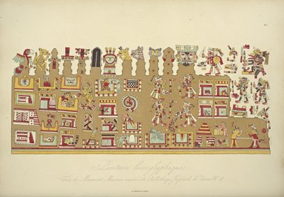 Hieroglyfické malby z mexického rukopisu II, konzervované v Císařské knihovně ve Vídni, ilustrace z Vues des Cordillères et Monumens des Peuples Indigènes de lAmérique od Alexandra von H. od French School