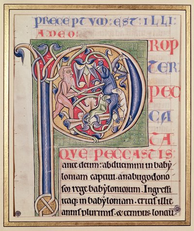 Historická iniciála „P“ zobrazující lov kance, z Bible Saint-Andre aux-Bois od French School