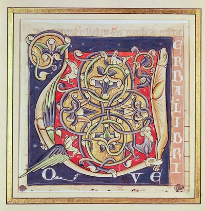 Historická iniciála U zobrazující propletený vzor a fantastická zvířata z Bible Saint-Andre aux-Bois od French School