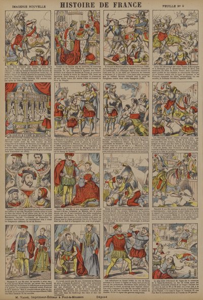 Dějiny Francie od smrti Karla VIII. do masakru na svátek svatého Bartoloměje (barevná litografie) od French School