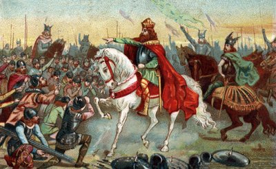 Historie Galie ve středověku: Germánští Sasové klečící před králem Karlem Velikým (742 - 814), který vyhrál války. Chromolitografie konce 19. století. od French School