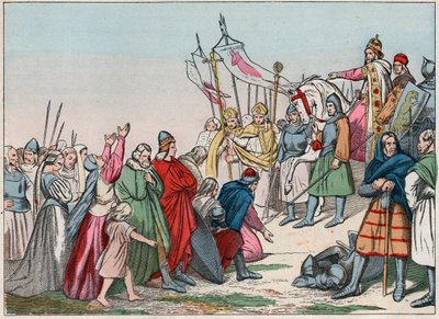 Historie Galie ve středověku: Germánští Sasové klečící před králem Karlem Velikým (742 - 814), vítězem válek - Rytina z konce 19. století v „“Naše národní slávy – Obrazy a recitace““ od French School