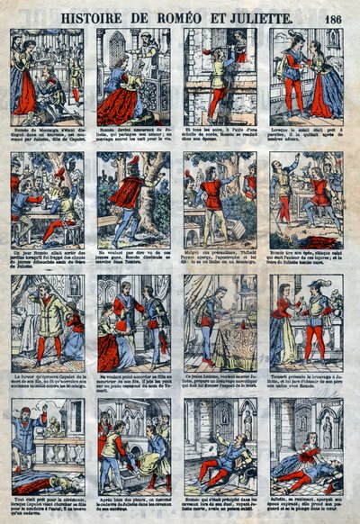 Dějiny Romea a Julie po hře Williama Shakespeara (1564-1616). Epinal zobrazování z konce 19. století. od French School