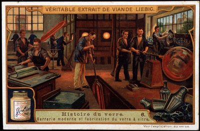 Historie skla: Moderní sklářské výrobky a výroba skla na konci 19. století. Liebigova chromolitografie z konce 19. století. od French School
