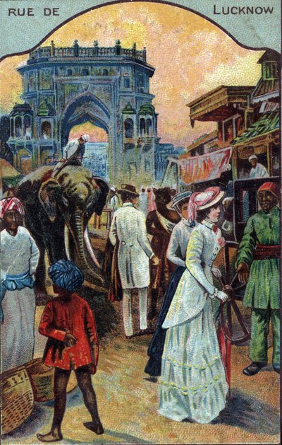 Historie turistiky: Západní turisté v ulici Lucknow, Indie (Západní turisté v ulici Lucknow, Indie) Chromolitografie 19. století Soukromá sbírka od French School